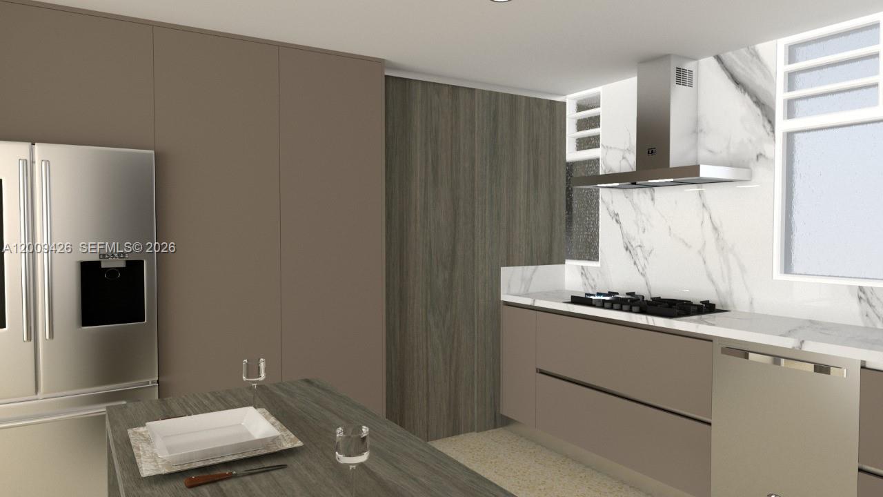 This is a rendering of a modern kitchen featuring wood-grain cabinetry and marble-style backsplashes — Carrera 44 17 SUR 70 # 302, AN 050018, AN