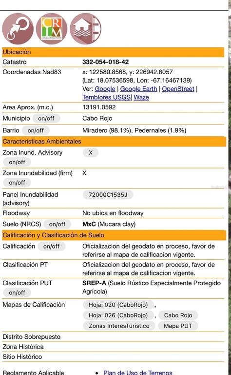 This image is a property information report displaying land classification, location, and environmental data — ROAD 307, CABO ROJO, PR