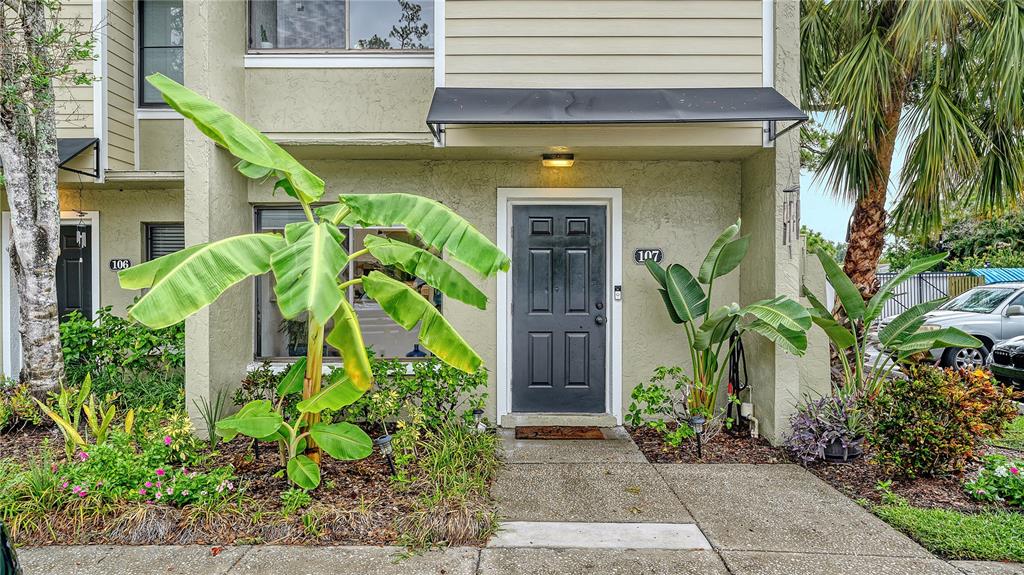 The exterior of a townhouse entrance features a dark door, a banana plant, and landscaping — 4906 25TH STREET W UNIT 107, BRADENTON, FL