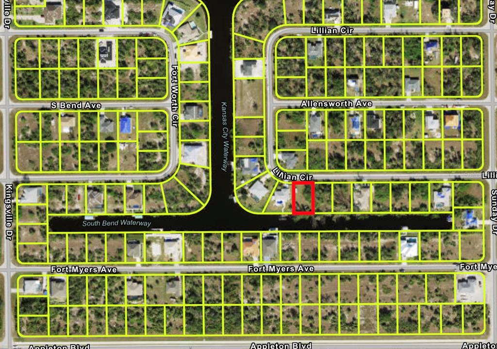 This is a satellite map view of a residential neighborhood with a highlighted vacant lot — 14518 LILLIAN CIRCLE, PORT CHARLOTTE, FL