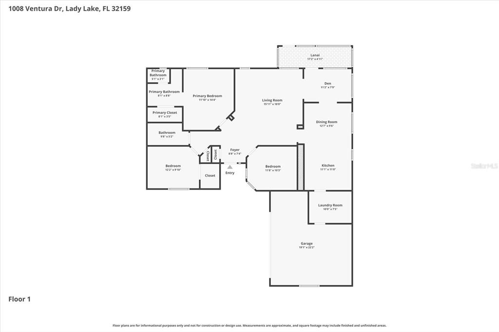 This is a floor plan showing the layout of a single-story residential home — 1008 VENTURA DRIVE, LADY LAKE, FL