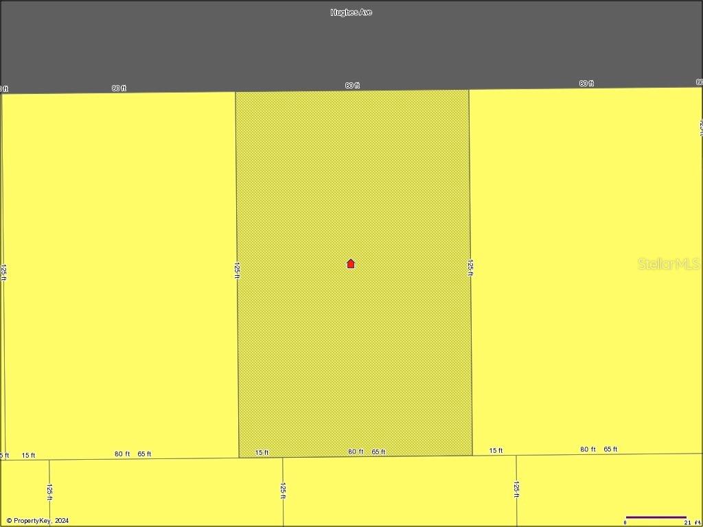 This is a map showing the dimensions of three adjacent rectangular land parcels — 14119 HUGHES AVENUE, PORT CHARLOTTE, FL