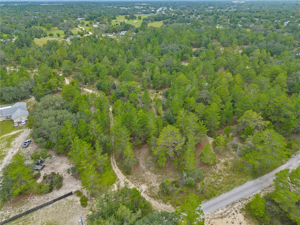 An aerial view shows a wooded lot with a dirt path and a paved road — MADISON STREET, BROOKSVILLE, FL