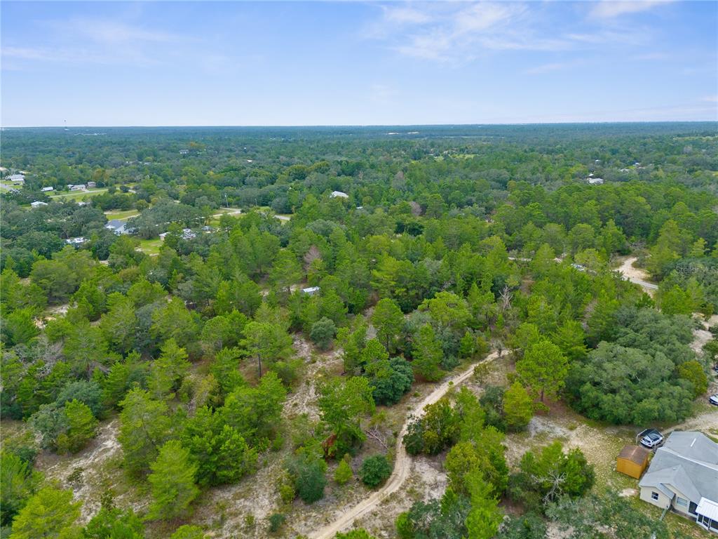 An aerial view shows a wooded lot with a dirt path and nearby houses — MADISON STREET, BROOKSVILLE, FL