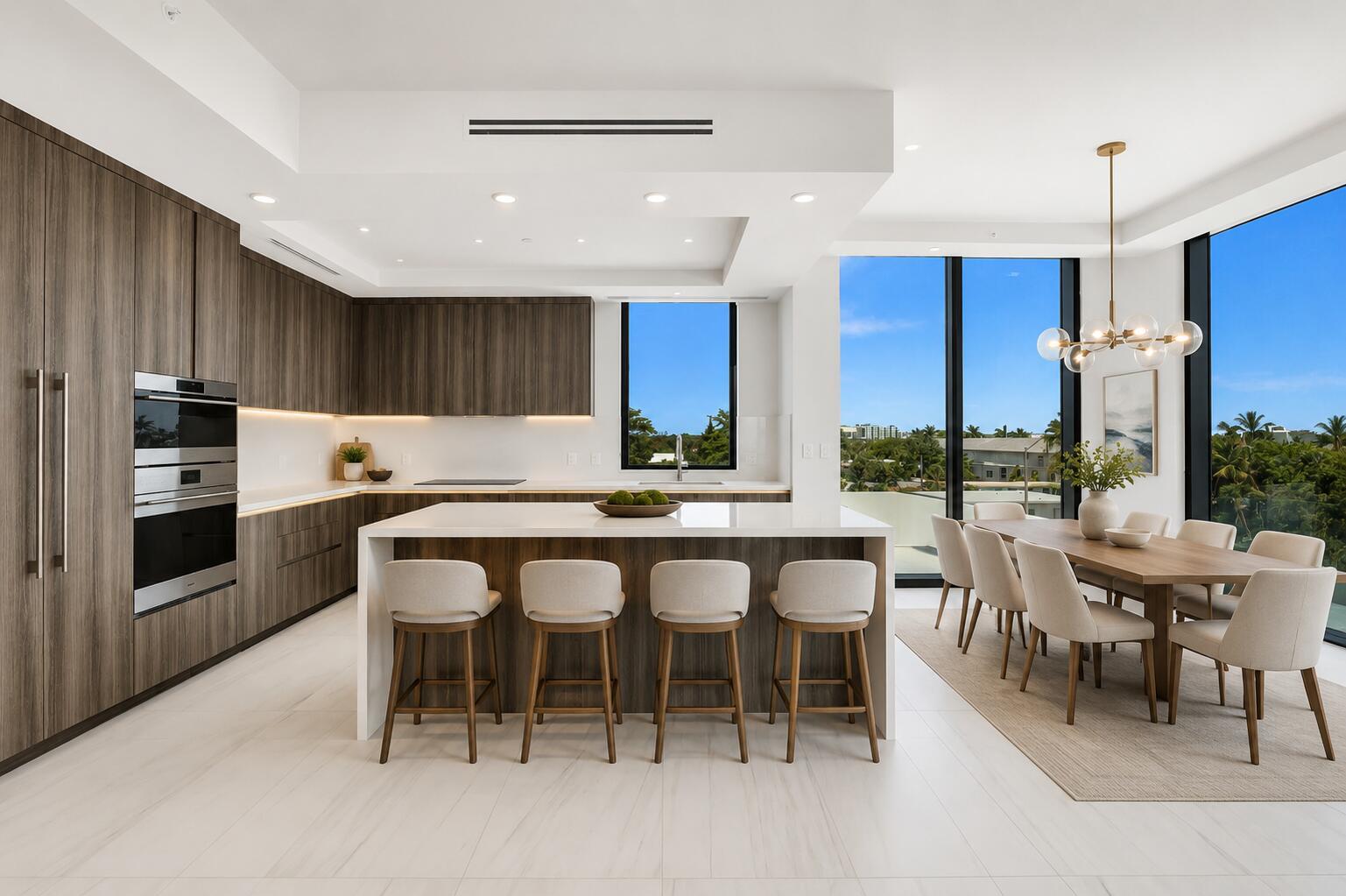 A modern kitchen and dining area features wood cabinetry, a white island, and floor-to-ceiling windows — 305 Briny Avenue # 306, Pompano Beach FL 33062, POMPANO BEACH, FL
