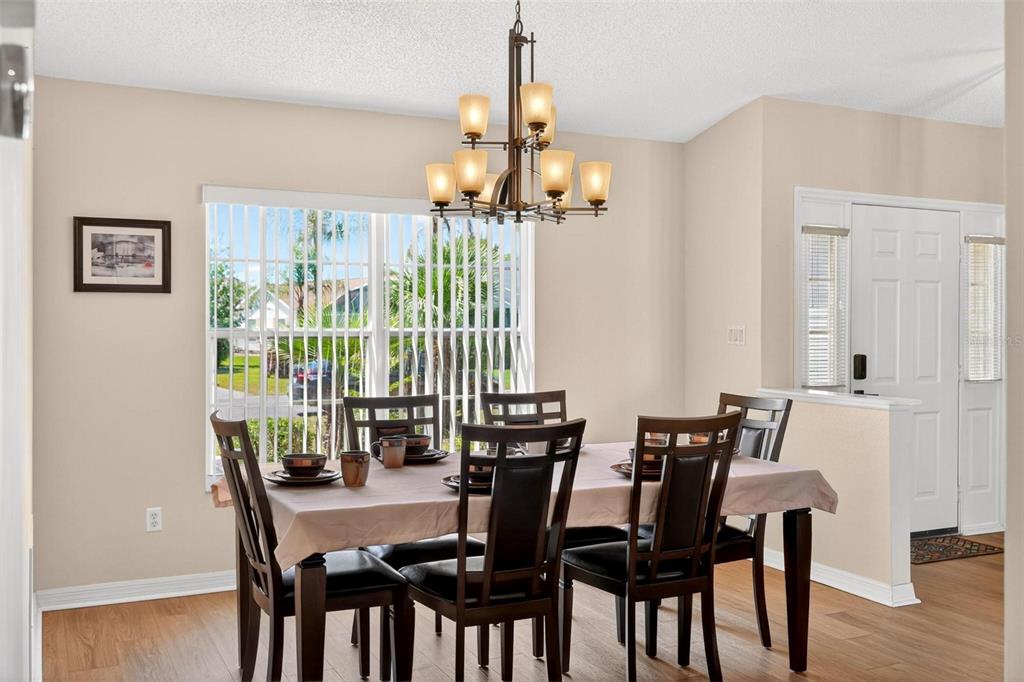 A dining room features a dark wood table and chairs under a chandelier near windows — 25073 RIVERWALK DRIVE, LEESBURG, FL