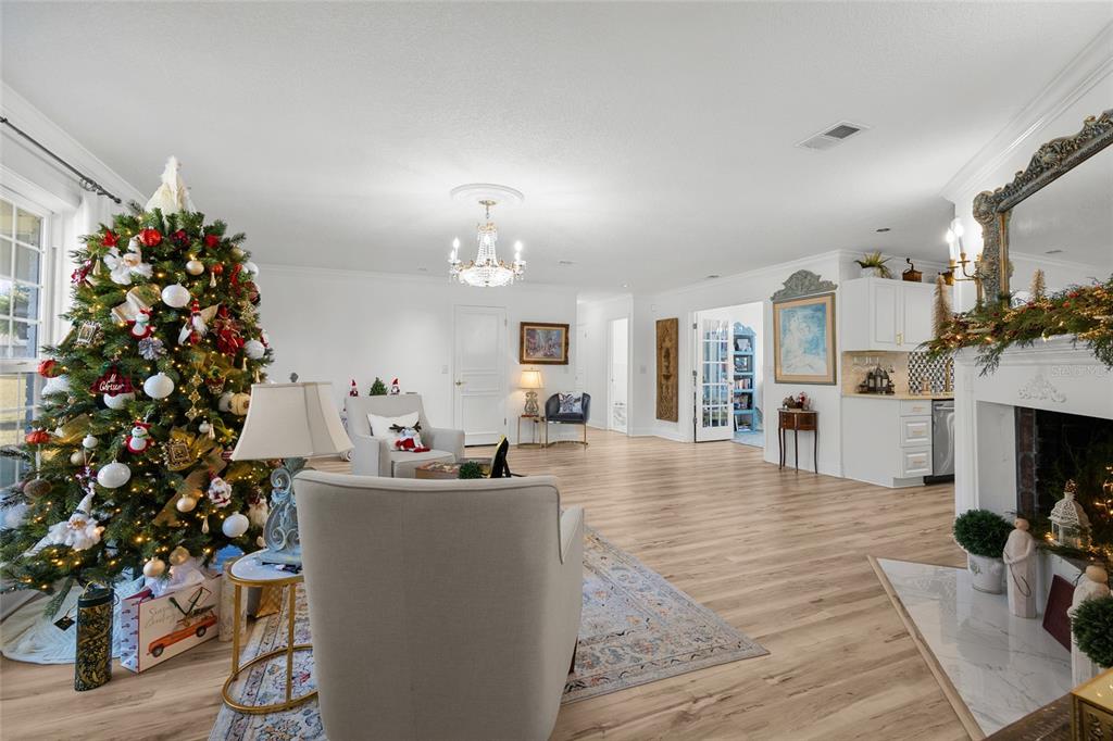 A living room features a decorated Christmas tree, a fireplace, and light wood-look flooring — 172 SW BRADSHAW GLEN, LAKE CITY, FL
