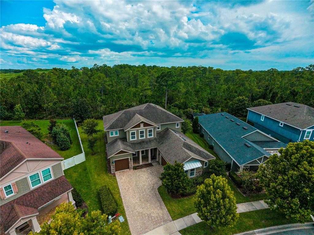 An aerial view shows a two-story house with a paved driveway and a wooded backyard — 9240 BRADLEIGH DRIVE, WINTER GARDEN, FL