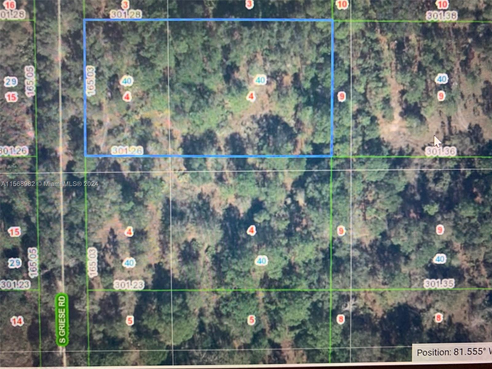 This is an aerial map showing a rectangular plot of land highlighted in blue — 1939 S Griese Road, Avon Park FL 33825, AVON PARK, FL