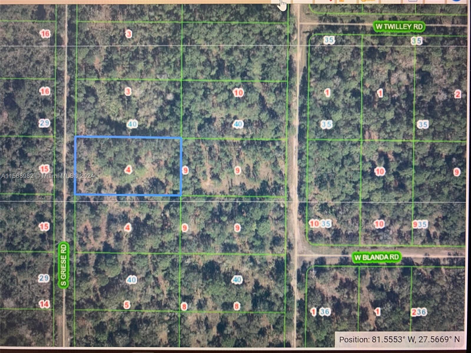 This is a satellite map showing a highlighted rectangular plot of land in a wooded area — 1939 S Griese Road, Avon Park FL 33825, AVON PARK, FL