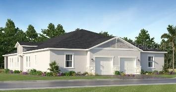 A digital rendering of a single-story duplex with a light-colored exterior and two garages — 4244 ST THOMAS WAY, KISSIMMEE, FL