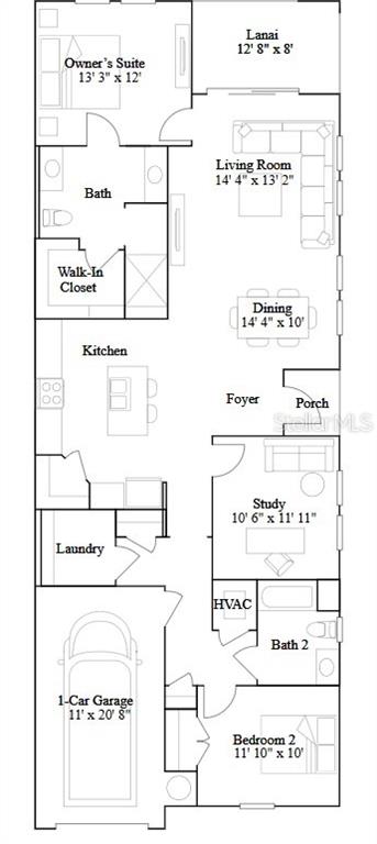 This is a floor plan for a single-story home featuring two bedrooms, a study, and a garage — 4244 ST THOMAS WAY, KISSIMMEE, FL