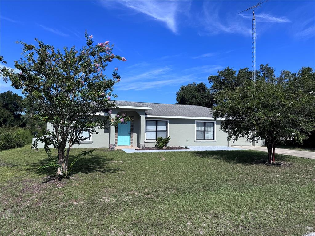 A single-story house with a light green exterior, a blue front door, and two trees — 15144 SW 27TH COURT, OCALA, FL