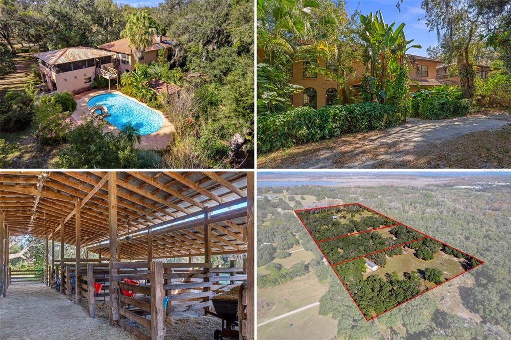 A collage showing a house with a pool, exterior views, a horse stable, and land — 27910 & 27750 DEBBIE ROAD, OKAHUMPKA, FL