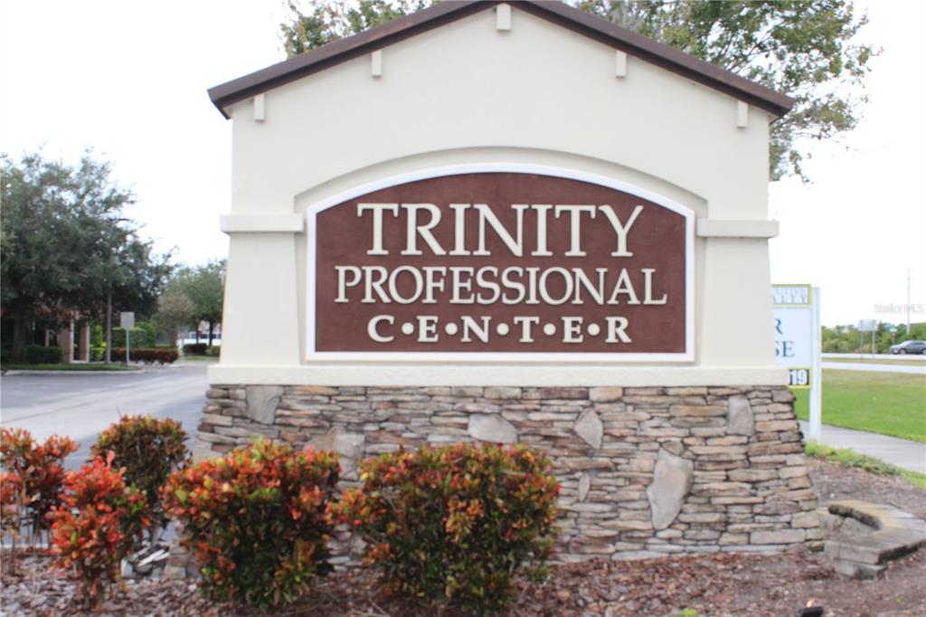 A stone-based monument sign for Trinity Professional Center stands in front of a landscaped area — 8820 BELAGIO DRIVE, NEW PORT RICHEY, FL