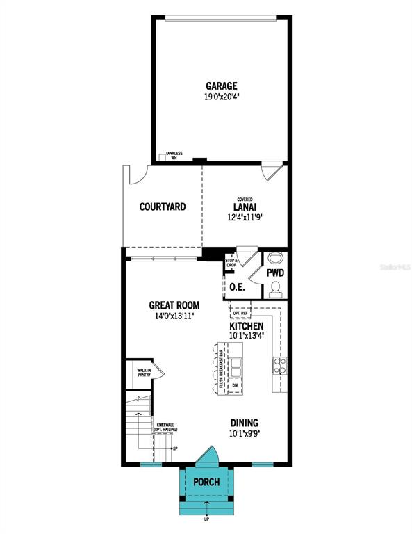 This is a floor plan of a home's main level featuring a garage, courtyard, and kitchen — 1895 SEAWALL WAY, CELEBRATION, FL