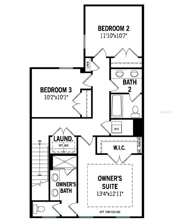 This floor plan shows the upper level of a home featuring three bedrooms and two bathrooms — 1895 SEAWALL WAY, CELEBRATION, FL