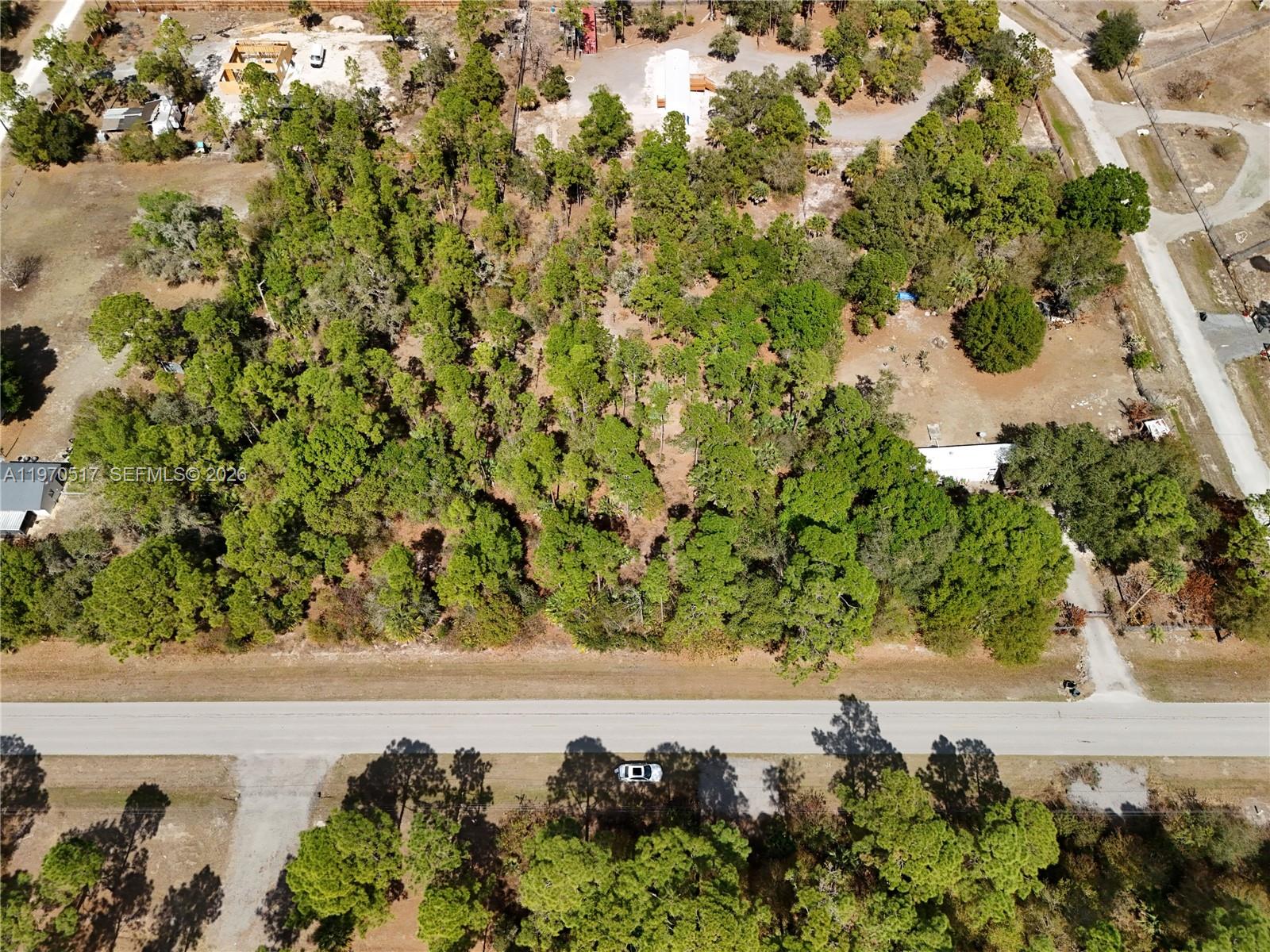 An aerial view shows a wooded lot bordered by a road with a parked car — 439 AVENIDA DEL SUR, Clewiston FL 33440, CLEWISTON, FL