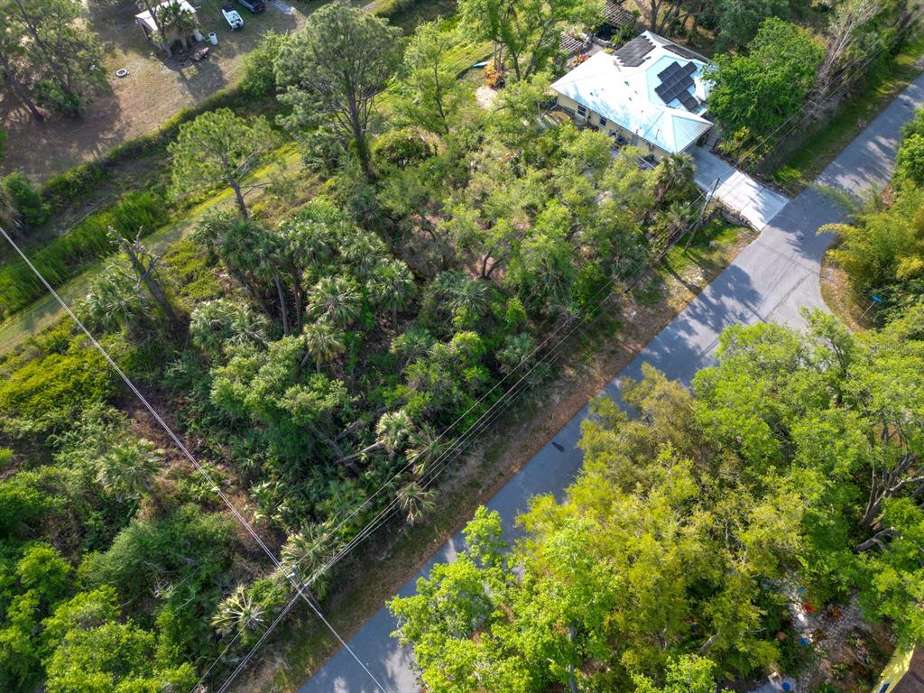 An aerial view shows a house with solar panels surrounded by dense trees and vegetation — GALAMBOS STREET, NORTH PORT, FL