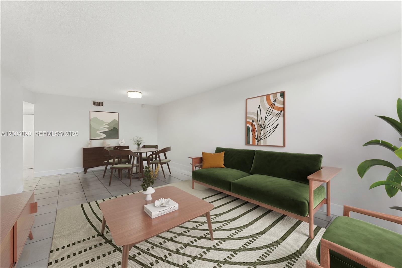 This is a digital rendering of a living room with green furniture and tile flooring — 10852 N Kendall Dr # 312, Miami FL 33176, MIAMI, FL