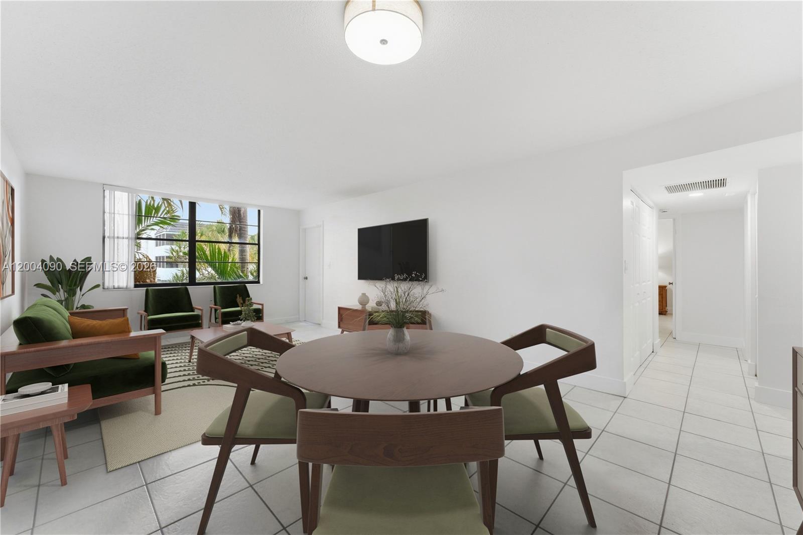 This is a digital rendering of a living and dining area with tile flooring — 10852 N Kendall Dr # 312, Miami FL 33176, MIAMI, FL