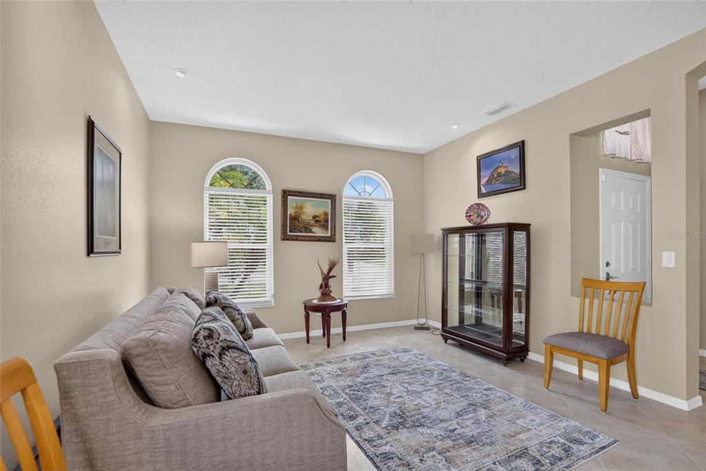 A living room features a beige sofa, a glass display cabinet, and two arched windows — 11115 SILVER DANCER DRIVE, RIVERVIEW, FL