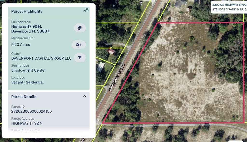 An aerial map shows a 9.20-acre vacant parcel of land outlined in pink — HIGHWAY 17 92 N, DAVENPORT, FL