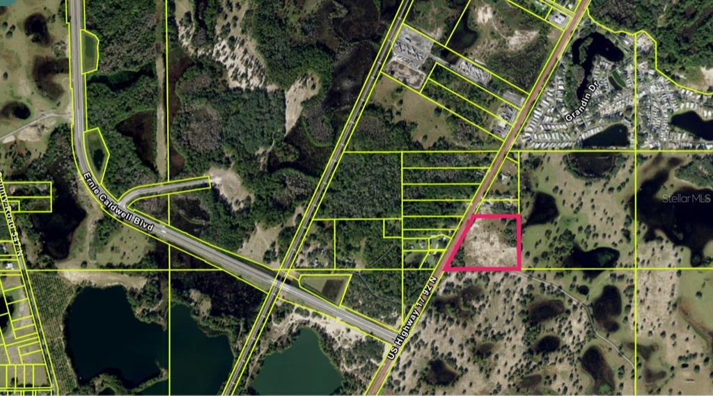 This aerial map shows a vacant parcel of land highlighted in pink along a highway — HIGHWAY 17 92 N, DAVENPORT, FL