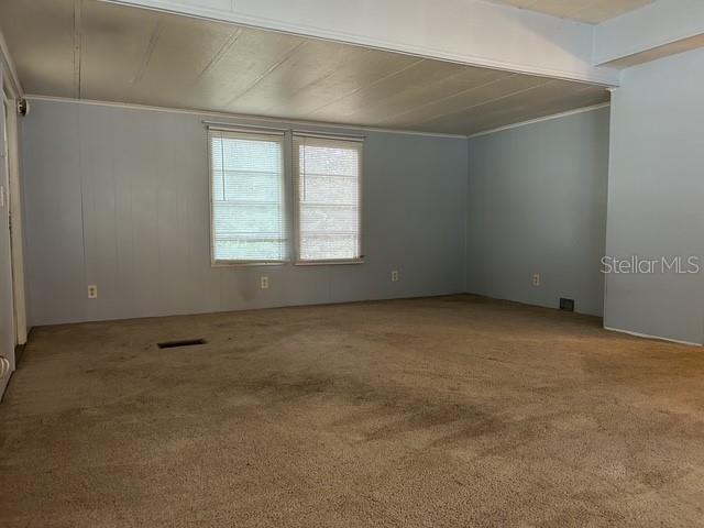 An empty room features light blue paneled walls, beige carpeting, and two windows with blinds — 16815 SE 101ST COURT ROAD, SUMMERFIELD, FL