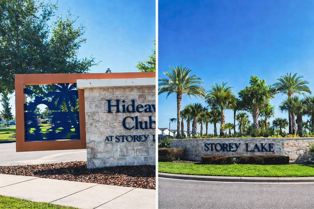 A split-view image shows stone monument signs for Hideaway Club at Storey Lake with palm trees — 2981 PROTAGONIST STREET, KISSIMMEE, FL