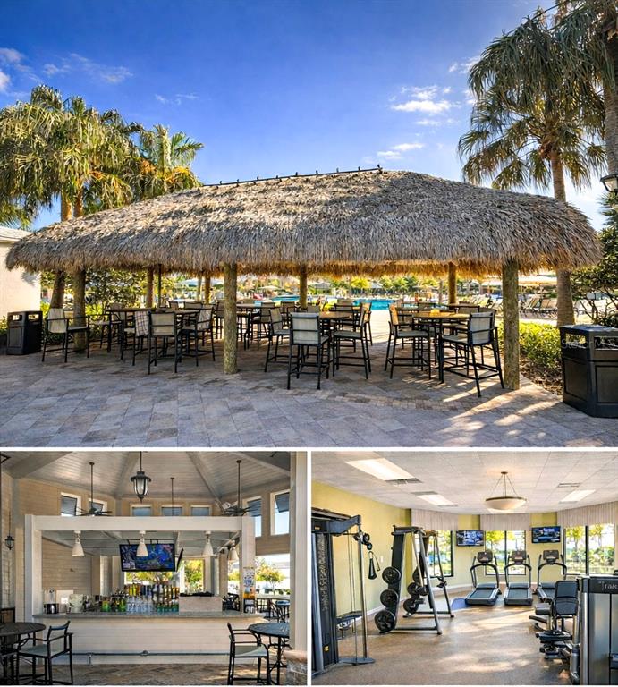 The image shows a thatched-roof outdoor pavilion, an indoor bar area, and a fitness center — 2981 PROTAGONIST STREET, KISSIMMEE, FL