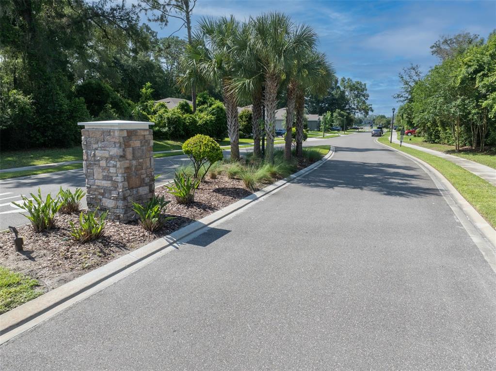 A stone pillar stands at the entrance of a paved residential street lined with palm trees — 111 POINT PLEASANT ROAD, DELAND, FL