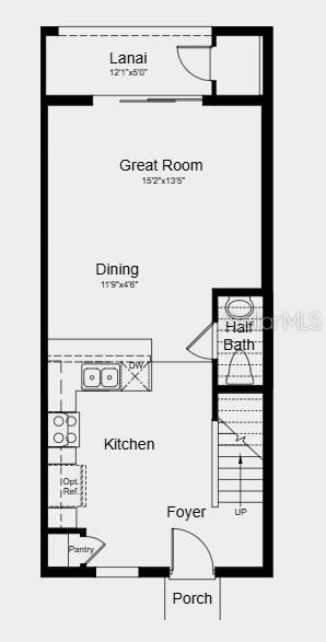 This is a floor plan for the first level of a home featuring a kitchen, dining area, great room, and half bath — 10593 ORBIT TERRACE, SARASOTA, FL