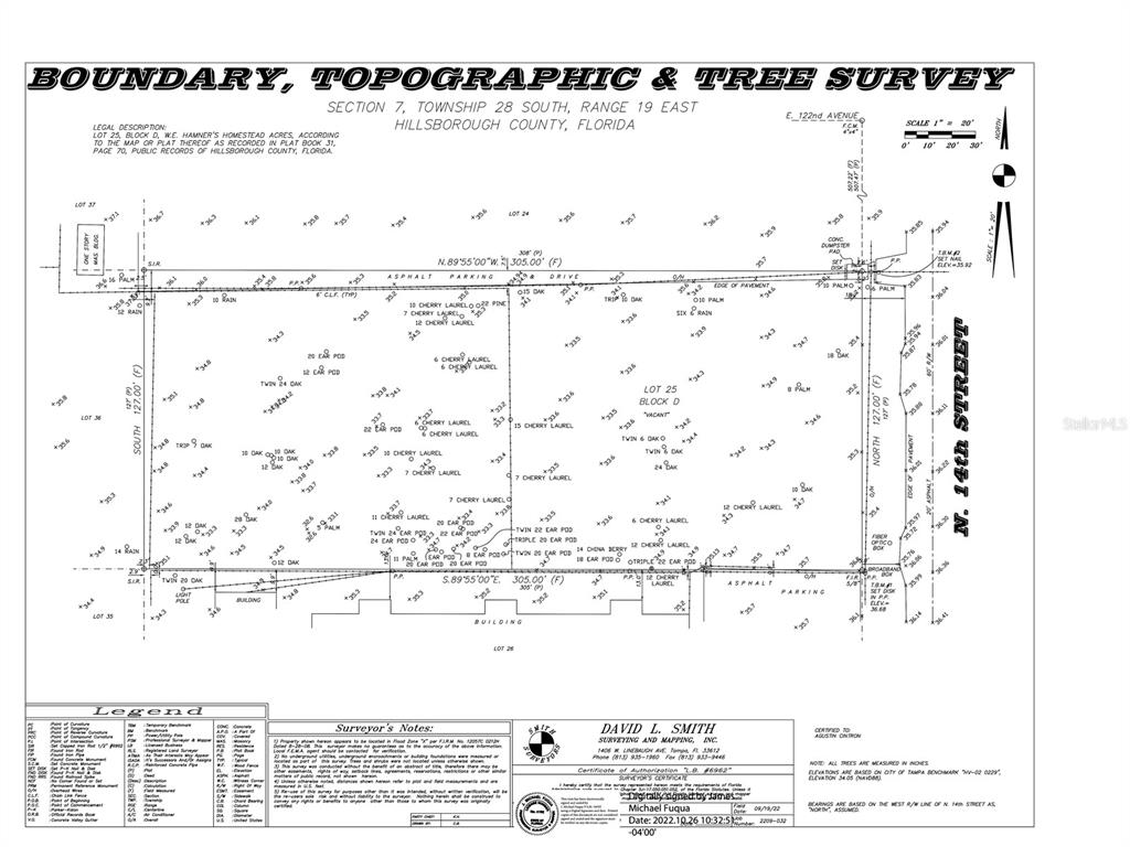 This image is a boundary, topographic, and tree survey map of a vacant lot — 11724 N 14TH STREET, TAMPA, FL