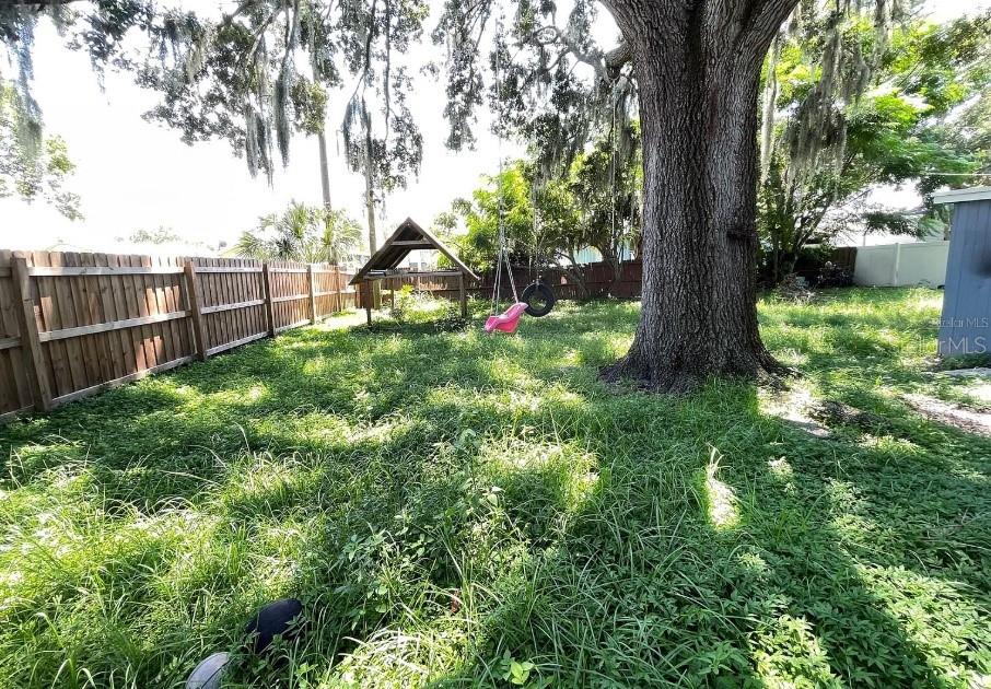 A backyard features a large tree, a wooden fence, a small play structure, and swings — 8104 BADGER LANE, NEW PORT RICHEY, FL