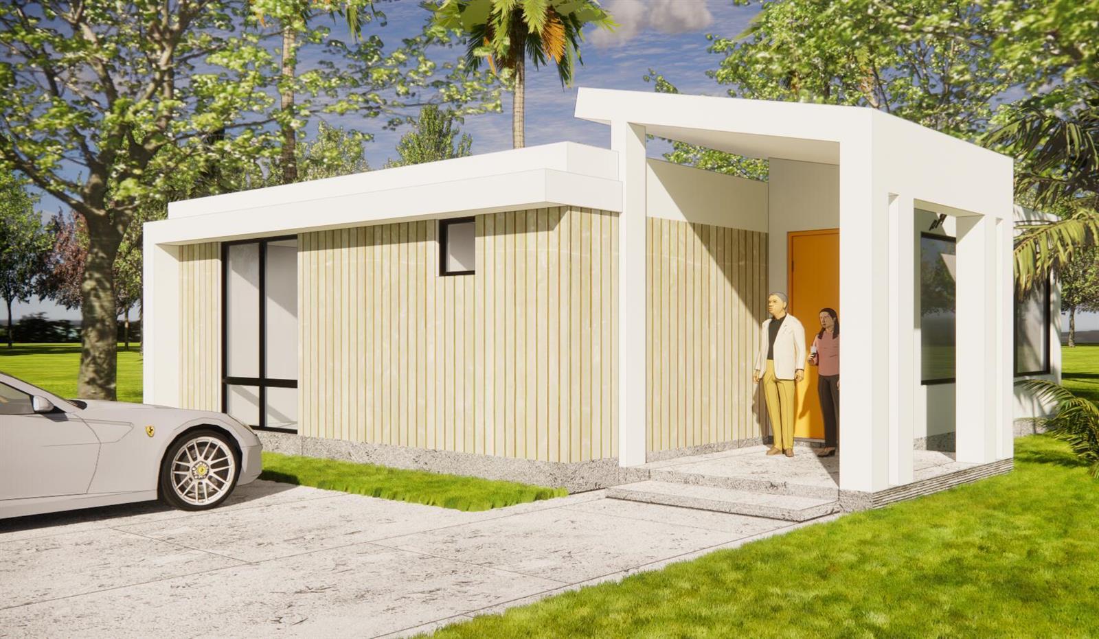 This architectural rendering shows a modern, single-story house with vertical wood siding and white trim — 614 N 5th Street, Lantana FL 33462, LANTANA, FL