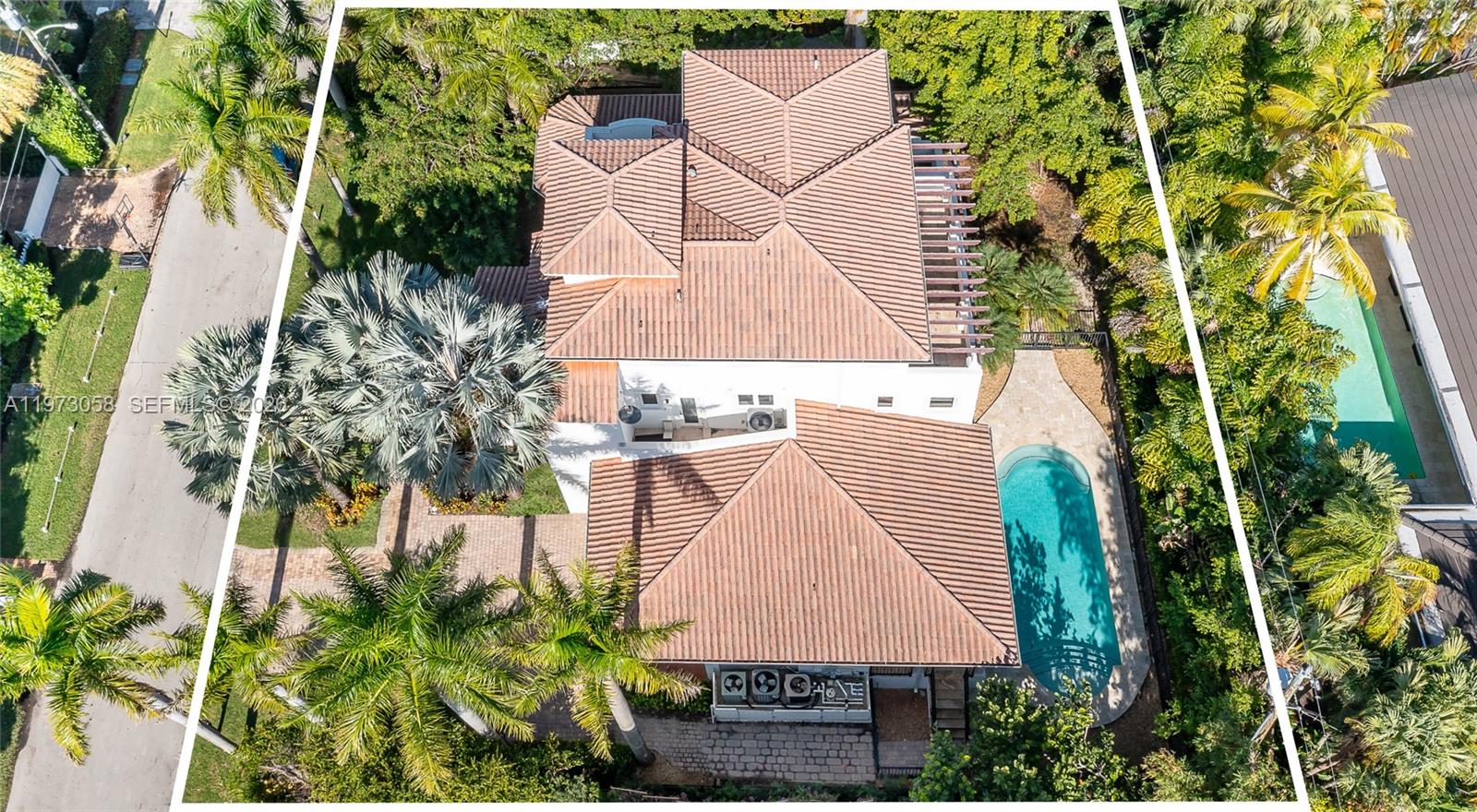 An aerial view shows a house with a tiled roof, a swimming pool, and palm trees — 541 S Mashta Dr, Key Biscayne FL 33149, KEY BISCAYNE, FL