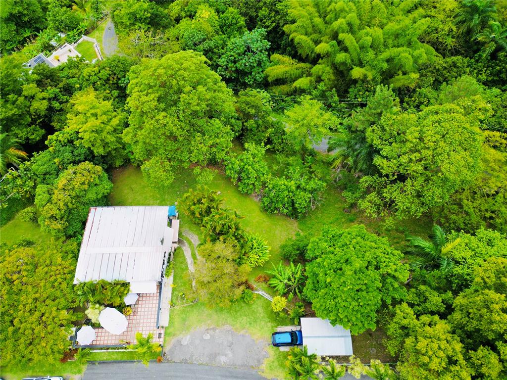 An aerial view shows a house with a metal roof, patio, and carport amidst trees — 1-E VILLAS DE MONTE VERDE, PONCE, PR