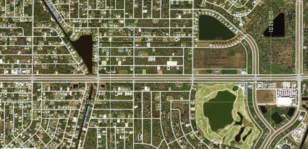 This is an aerial map showing a vacant lot highlighted in green along a highway — 12148 N ACCESS ROAD, PORT CHARLOTTE, FL