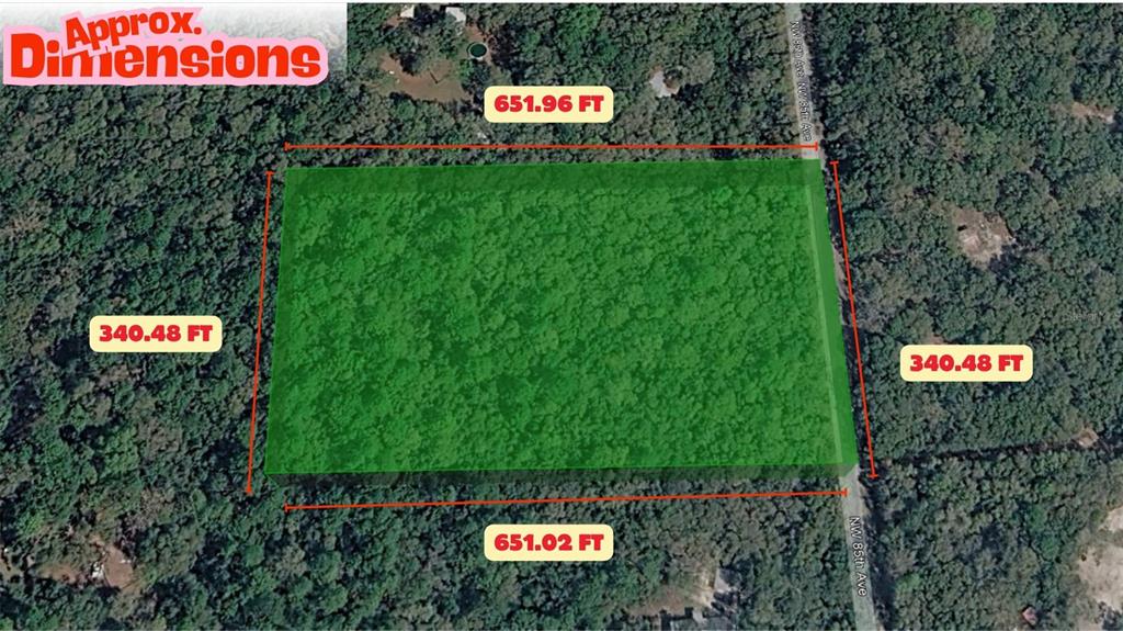 An aerial view shows a rectangular plot of land with its approximate dimensions labeled — NW 85TH AVENUE, CHIEFLAND, FL