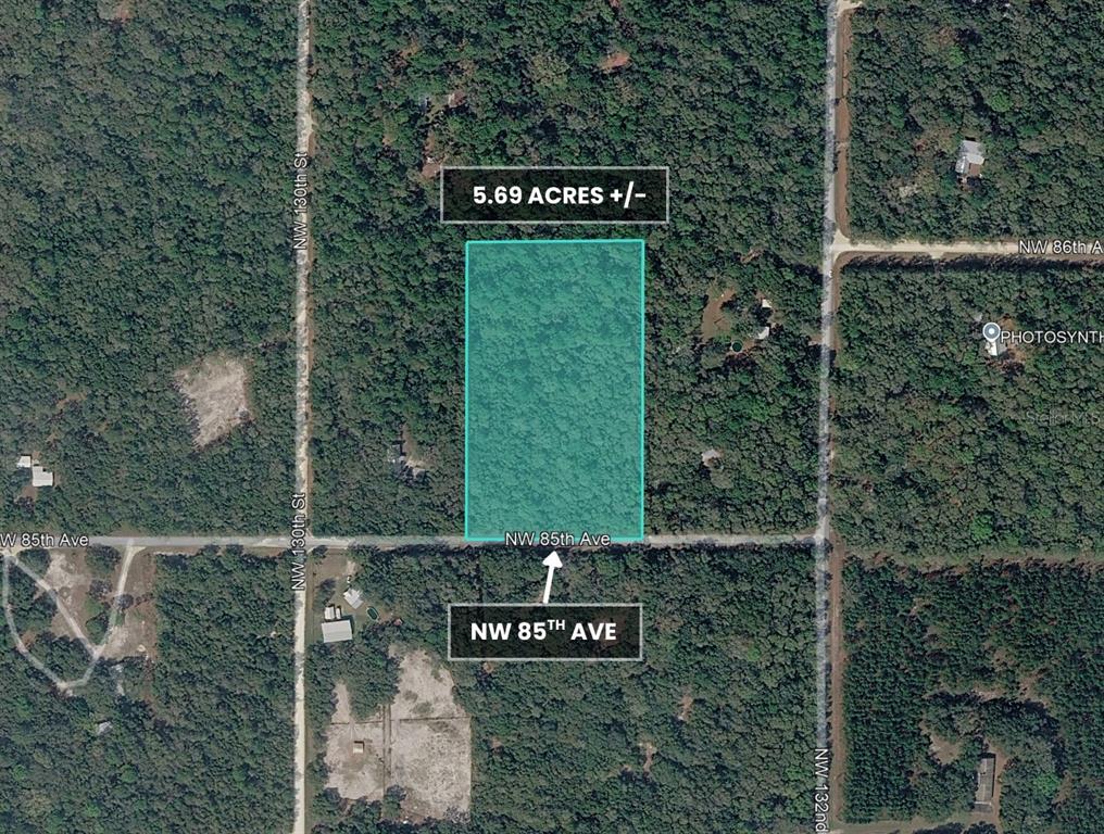 An aerial map shows a rectangular 5.69-acre plot of wooded land bordering a road — NW 85TH AVENUE, CHIEFLAND, FL