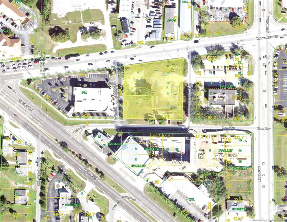 This is an aerial map showing property boundaries and lot numbers in a commercial area — 23041 HARBORVIEW ROAD, PORT CHARLOTTE, FL