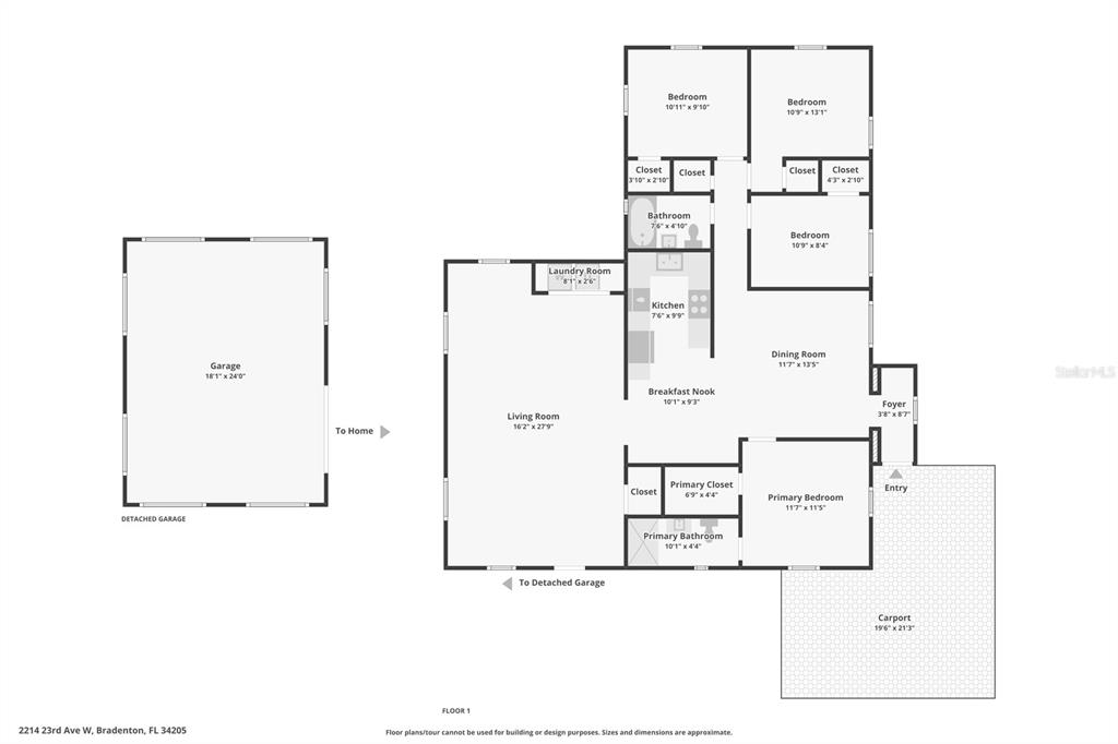 This is a floor plan showing a house layout with a detached garage and carport — 2214 23RD AVENUE W, BRADENTON, FL
