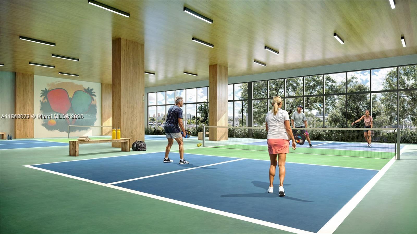 This rendering shows an indoor pickleball court with wooden ceilings and large glass windows — 1420 NW 14th Ave # 312, Miami FL 33125, MIAMI, FL