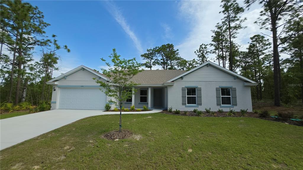 A single-story house with a two-car garage, light-colored stucco exterior, and a grassy front yard — 1353 W CARY DRIVE, CITRUS SPRINGS, FL