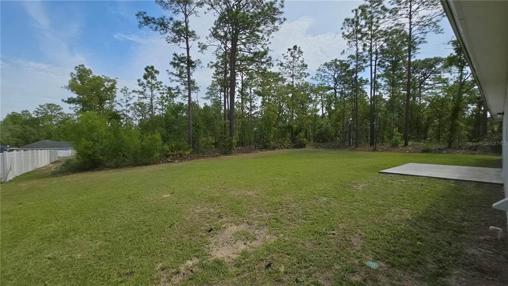 A grassy backyard features a concrete patio and a white fence against a wooded backdrop — 1353 W CARY DRIVE, CITRUS SPRINGS, FL