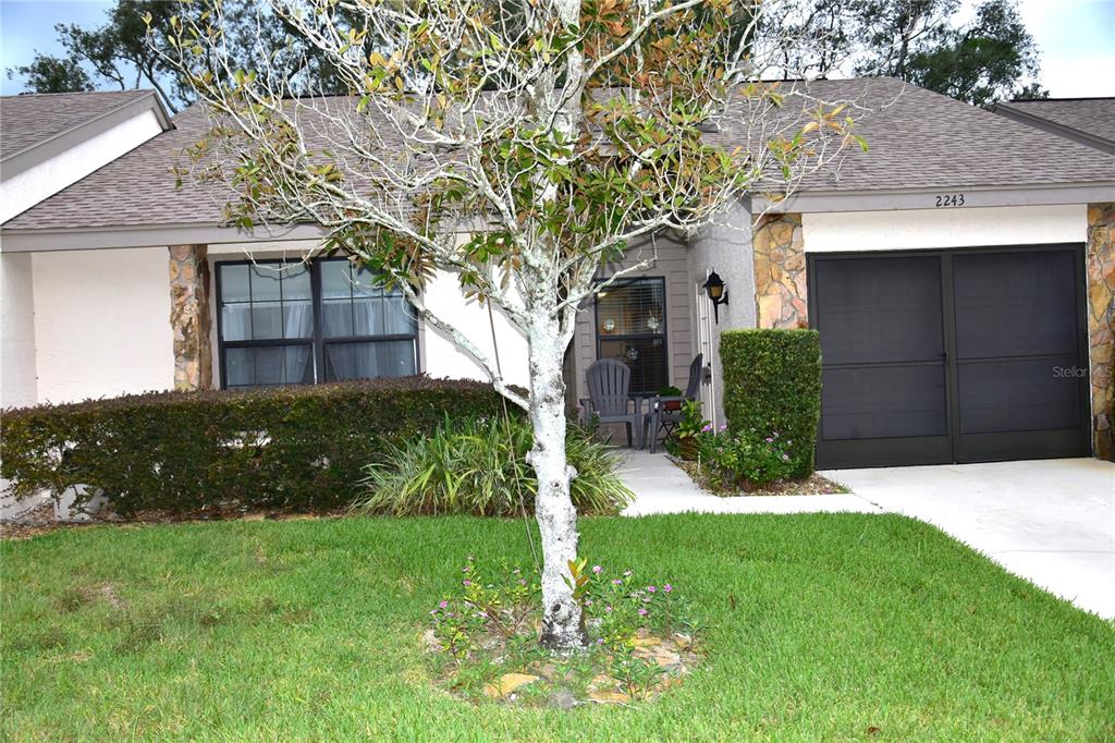 A single-story house features a light-colored exterior, a screen-covered garage, and a central tree — 2243 WYNDAM DRIVE, SPRING HILL, FL