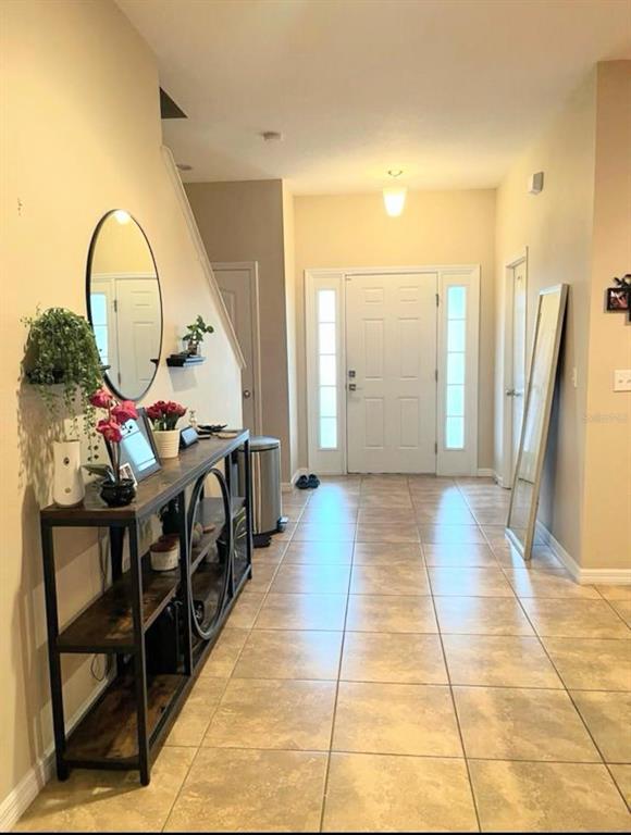 A tiled entryway features a console table, a round mirror, and a front door — 13805 RIVER FISH COURT, TAMPA, FL