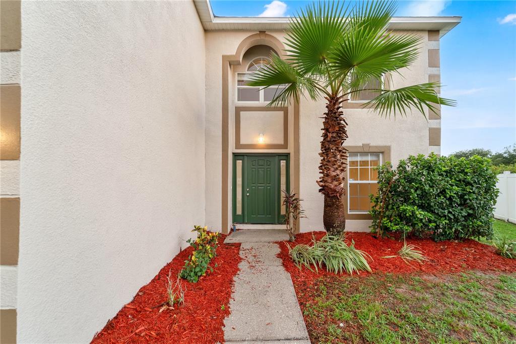 A two-story house exterior features a green front door, a palm tree, and red mulch — 13403 COPPER HEAD DRIVE, RIVERVIEW, FL