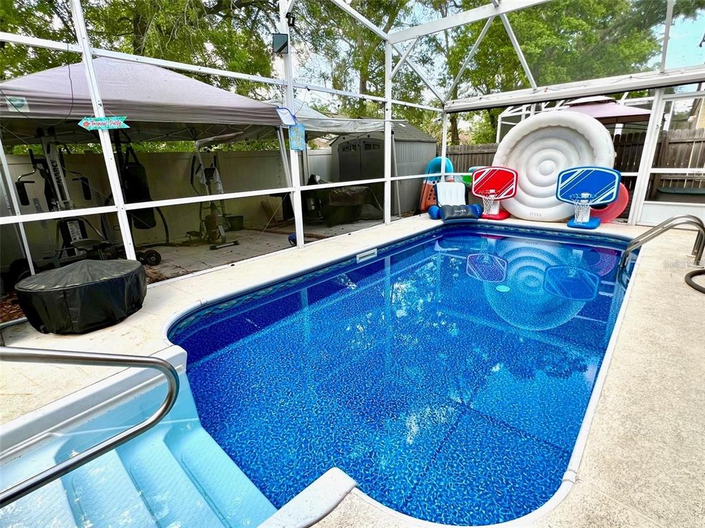 A screened-in swimming pool with a patio area containing fitness equipment and a storage shed — 2814 PALM ISLE WAY, ORLANDO, FL